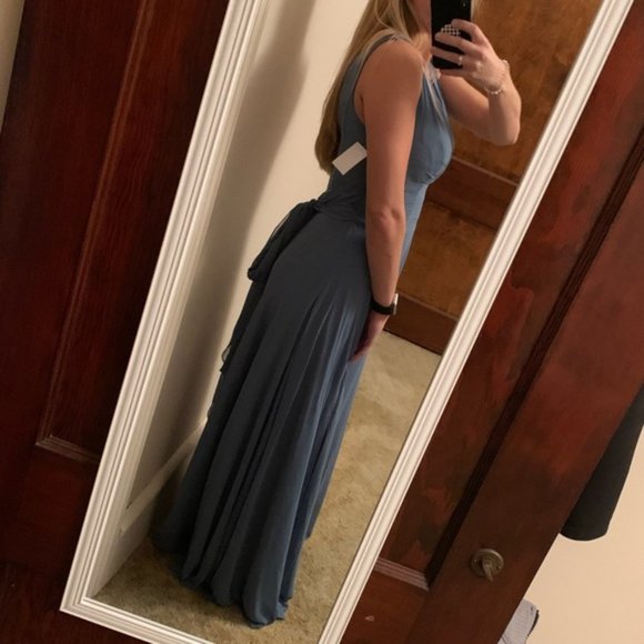 NWT David's Bridal surplice tank long chiffon bridesmaid pewter column gown - Picture 6 of 10